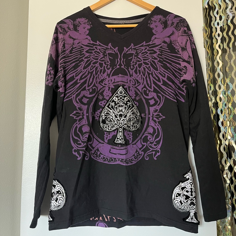 Black top with purple angel design & spade rhinestone angels writing